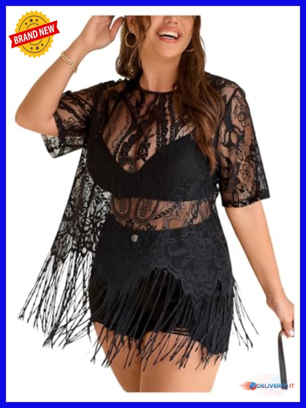 Plus Size Boho Fringe Top Lace Mesh Sheer Short Sleeve Tassel T-Shirt Going Out